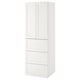 White vertical wardrobe with drawers and adjustable feet.