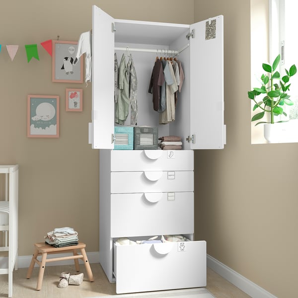 Modern kids white wardrobe: three drawers, soft-close, hanging clothes, adjustable feet.