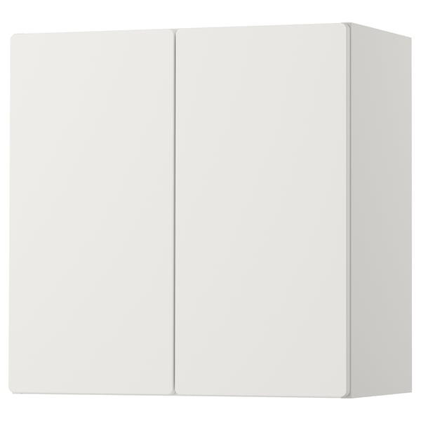 White storage cabinet, modern minimalist design, rectangular shape, with soft-close doors.