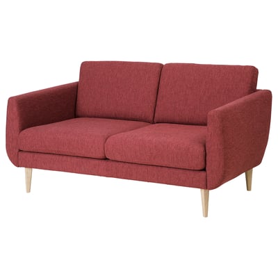 SMEDSTORP red retro-style sofa, wooden legs, soft cushions.