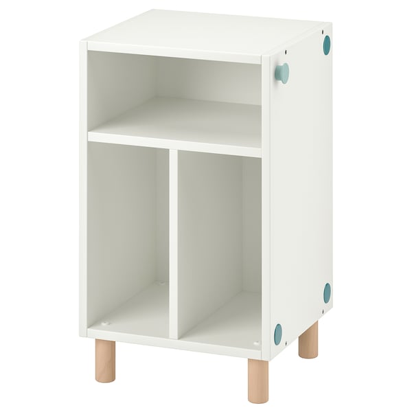 A white SMUSSLA bedside table with light wood legs and blue accents. It has two open compartments and an adjustable height for safety and convenience.