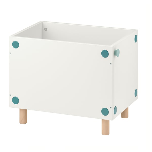 A white SMUSSLA bedside table with blue dots and wooden legs, designed for kids.