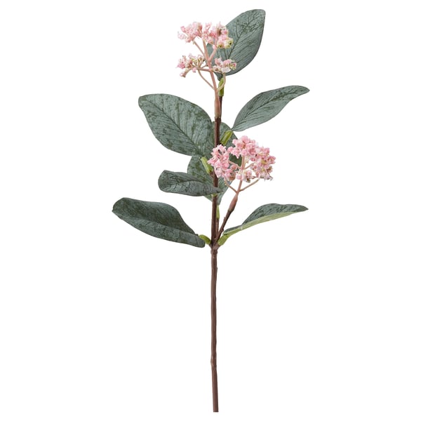 Artificial pink flower stem with green leaves, made from recycled material, lifelike and maintenance-free.