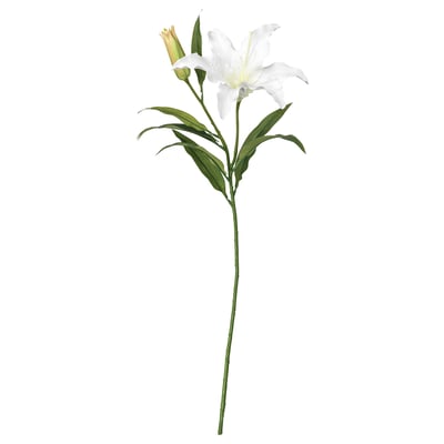 White artificial lily flower with green stem and leaves.