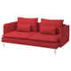 Modern red fabric l-shaped sofa with four cushions on metal legs.