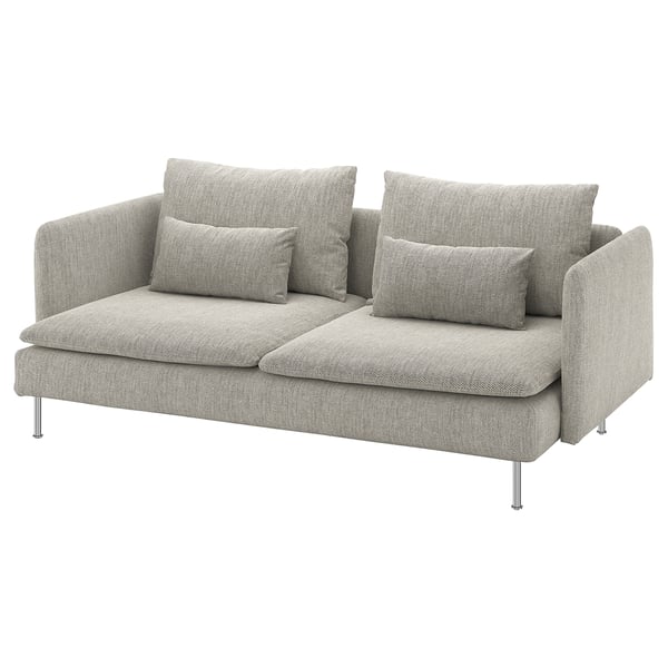 Modern grey fabric l-shaped sofa with five cushions.