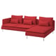 Red l-shaped sectional sofa with deep seats, soft cushions, and high legs. Modern design with chrome legs.