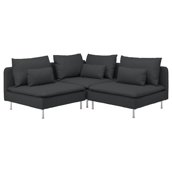 SÖDERHAMN dark grey l-shaped sofa, modern with deep cushions. Sturdy, sleek with metal legs.