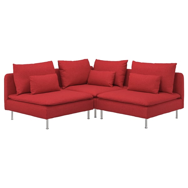 Red l-shaped sectional sofa with metal legs, providing a modern, vibrant seating option.