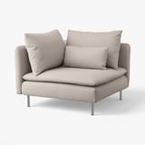 A light grey SÖDERHAMN sofa with a modern design, featuring a sturdy cotton and polyester fabric cover, and sleek metallic legs.