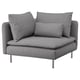 Modern grey sofa with metal legs, upholstered in soft fabric with built-in pillows.