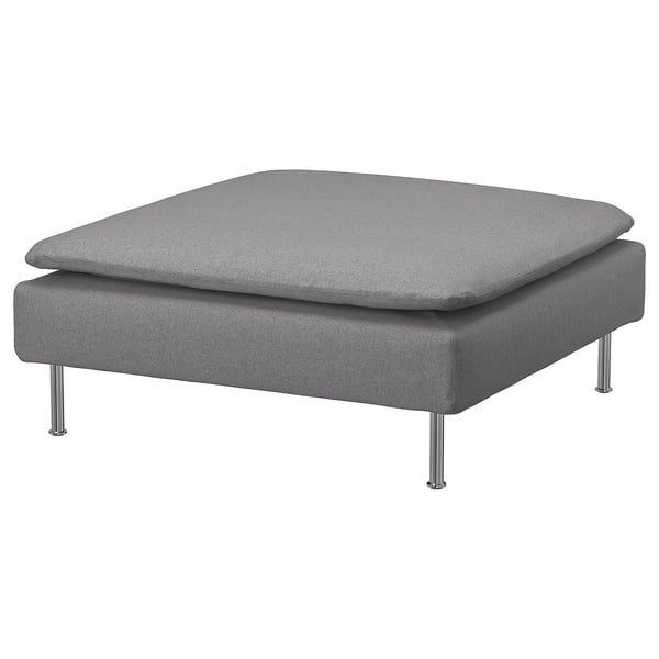 SÖDERHAMN grey footstool. Square, soft grey fabric on four chrome legs.