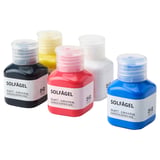 Five SOLFÅGEL paint bottles in black, yellow, red, white, blue; square plastic with snap-on caps.