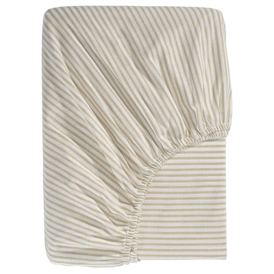 Folded striped bed sheet, beige & white, elastic edges, 100% cotton.