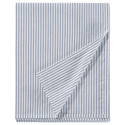 Blue and white striped bed sheet, rectangular, made from recycled cotton, neatly folded.