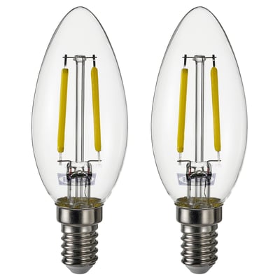Two warm-white led light bulbs with clear glass covers and silver bases, sides by side.