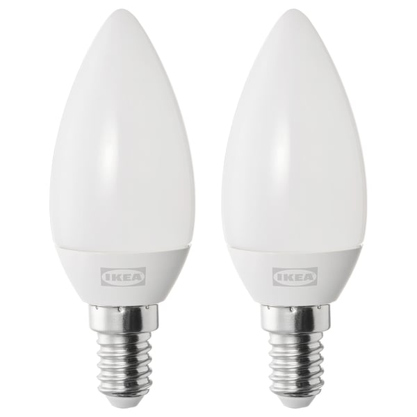 Two ikea SOLHETTA led bulbs, warm-white, teardrop shape, frosted plastic.