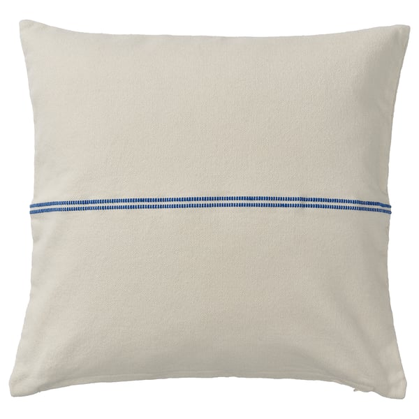 Cream square pillow SOLUPPGÅNG with blue stitching, cotton-jute blend, zip closure.