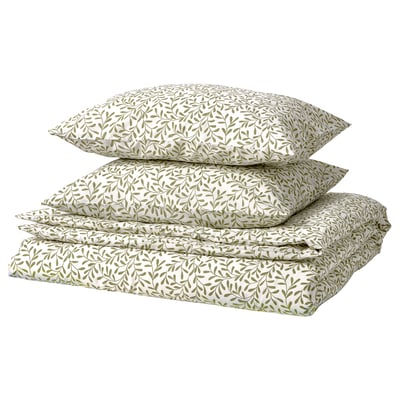 Green leaf bed set, 4pcs: duvet, 3 pillows, cotton-polyester