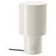 A white, cylindrical SPETSBOJ table lamp with a sleek design and a small control button on the side.