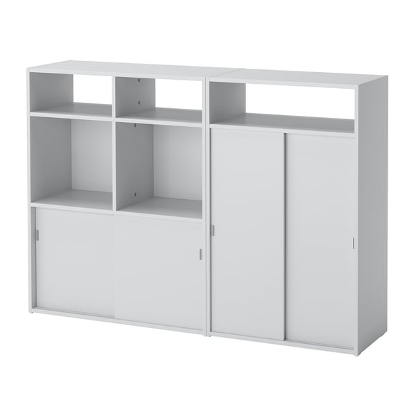 A white SPIKSMED storage unit with open shelves and sliding doors, made of particleboard and fiberboard.