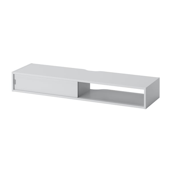 A white SPIKSMED wall-mounted media shelf with open and closed storage spaces, designed for small spaces and cable management.