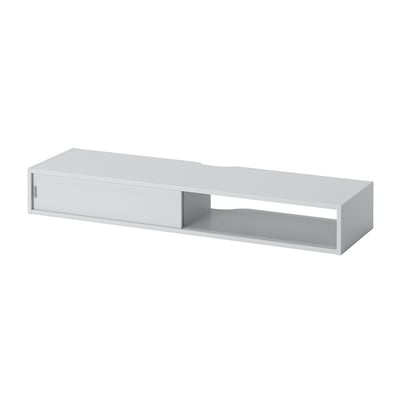 A white SPIKSMED wall-mounted media shelf with open and closed storage spaces, designed for small spaces and cable management.