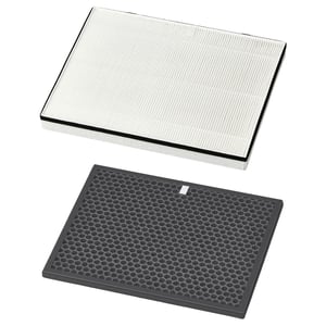 Two air purifier filters displayed: top is white, bottom is black, both rectangular with distinctive patterns.