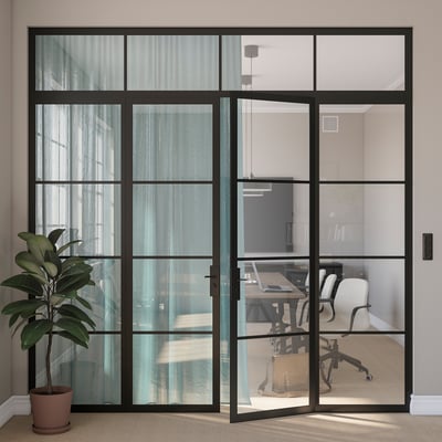 Modern office with large glass STENFRÖ sheer curtains in turquoise, framing exiting workspace with potted plant.
