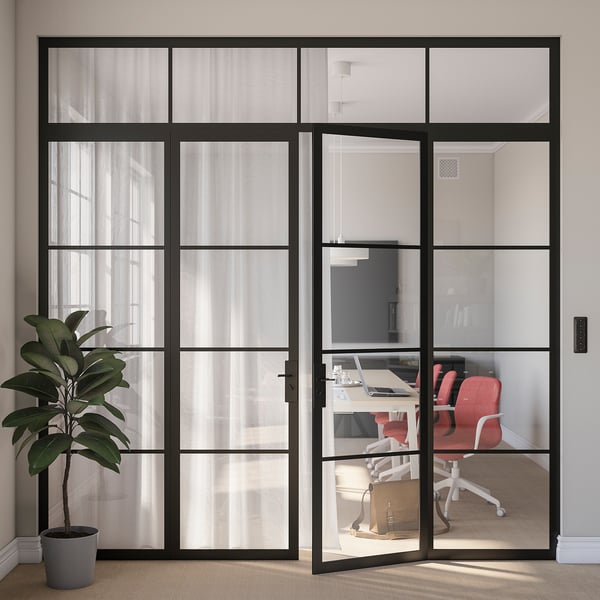 Modern office with glass doors, red chairs, and tall plant.
