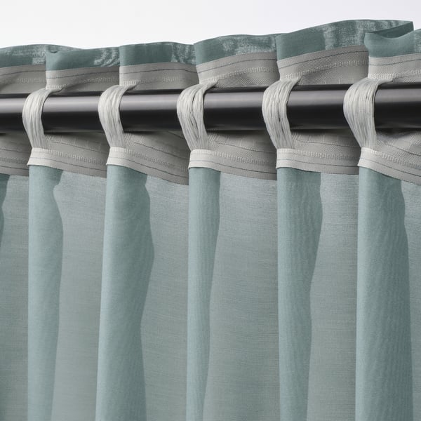 STENFRÖ Sheer curtains, 1 pair, turquoise/with heading tape, 145x300 cm