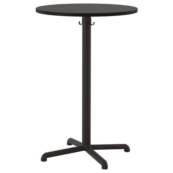 A sleek black STENSELE bar table with a round top, sturdy metal base, and two hooks underneath.