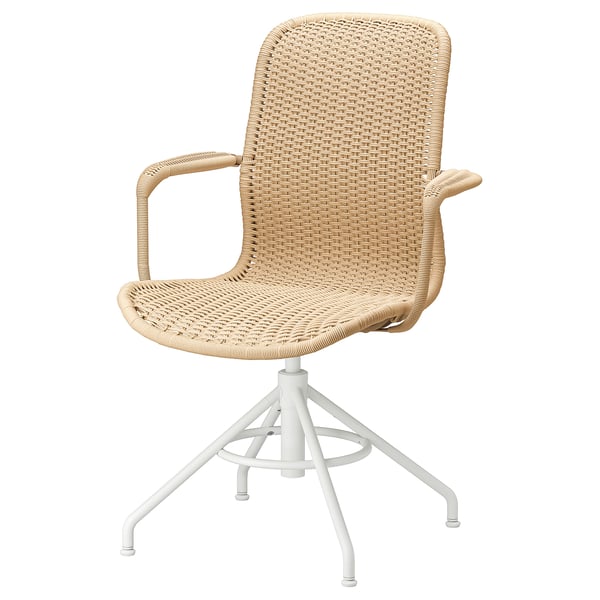 STIGBYGEL: natural wicker swivel desk chair, light beige, woven seat & back, white metal base, armrests.