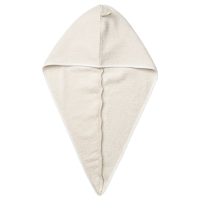 STJÄRNBUSKE hair towel: white, soft cotton blend, triangular shape with elastic loop.