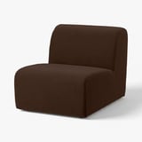 Dark brown, modern, minimalist sofa; rounded edges, plush upholstery.