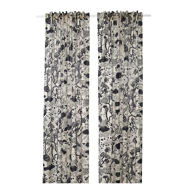 Beige curtains with grey floral designs, linen-cotton blend, ideal for windows or room dividers.