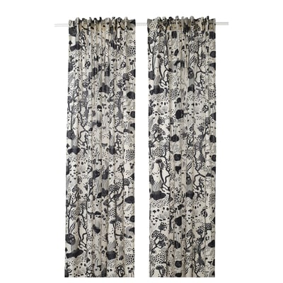 Beige curtains with grey floral designs, linen-cotton blend, ideal for windows or room dividers.