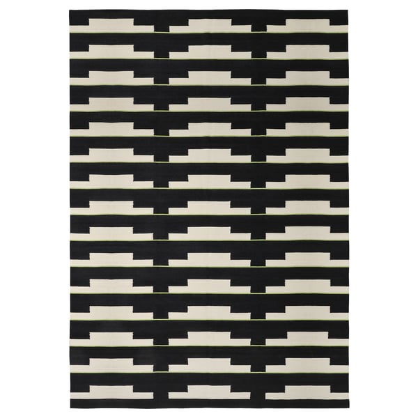 Black & white geometric rug, handwoven, reversible, wool & cotton.