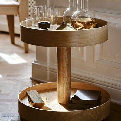 STOCKHOLM 2025 two-tier wood serving trolley, natural oak, round, modern scandinavian design.