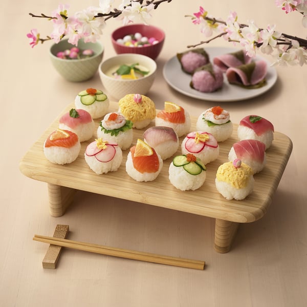 Wooden sushi board with colourful rolls and chopsticks.
