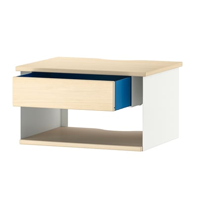 Modern light wood bedside table with blue drawer, open space below, wall-mountable.