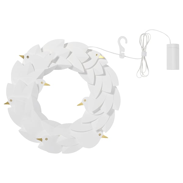 STRÅLA white decorative bird light wreath, battery-operated, led, modern minimalist design.