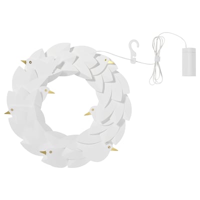 STRÅLA white decorative bird light wreath, battery-operated, led, modern minimalist design.