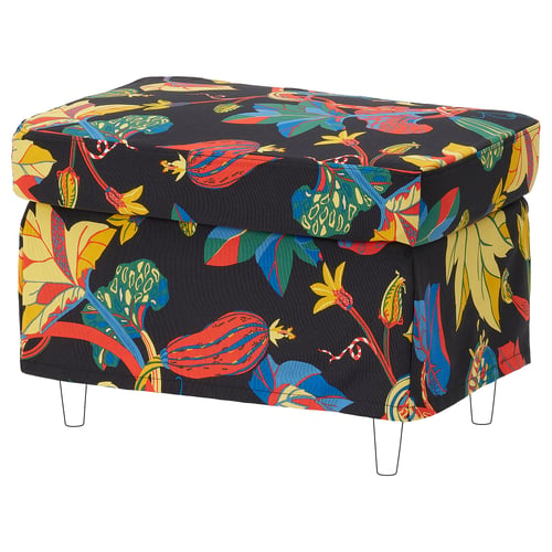 Brightly coloured floral footstool with dark backdrop. Rectangular shape, four legs.