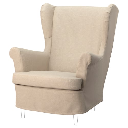 Displays a beige STRANDMON wingback chair with a sleek design and metal legs.