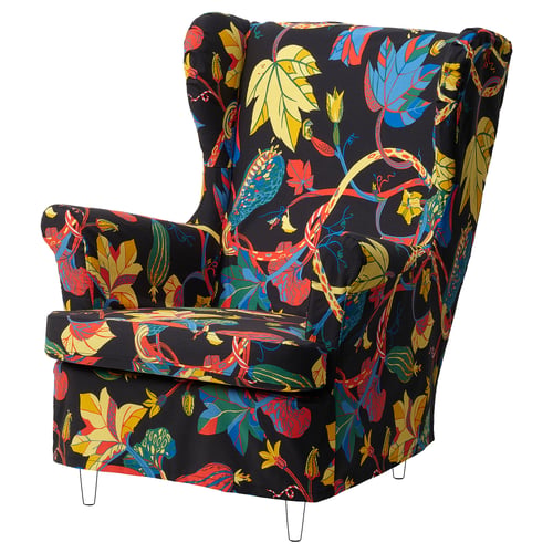 STRANDMON wing chair: floral pattern, black background, comfortable, modern