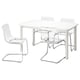 A white STRANDTORP extendable table with four clear plastic chairs, featuring chrome frames. The table and chairs have modern, sleek designs.