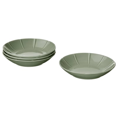 Four green STRIMMIG bowls, two stacked, with subtle flower patterns on stoneware.