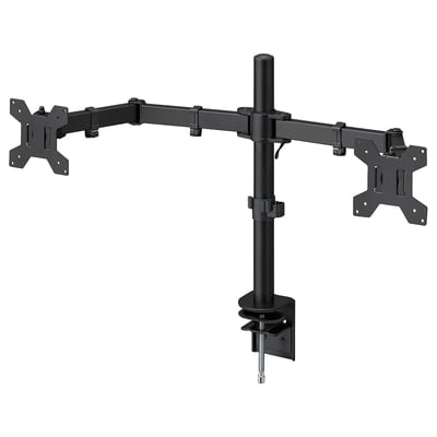 STUBBERGET dual-screen monitor arm, black, steel and plastic, adjustable, desk clamp mount.