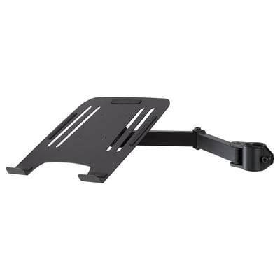 Black arm-mount laptop holder, steel, angled for comfort.